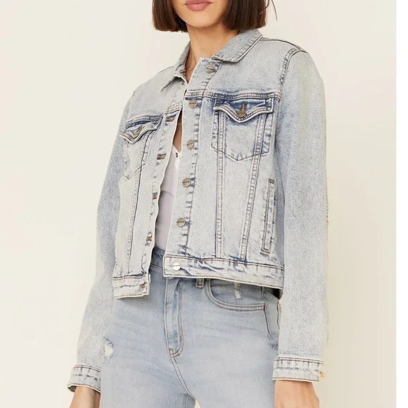 Free People X Driftwood NWT Patchwork Blue & Pink Denim Jean Jacket Size Large - Picture 3 of 11